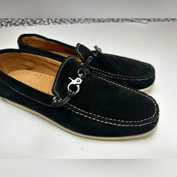 John Varvatos Black Suede Leather Metal Detail Boat Moccasins Loafers 10.5 NWOT